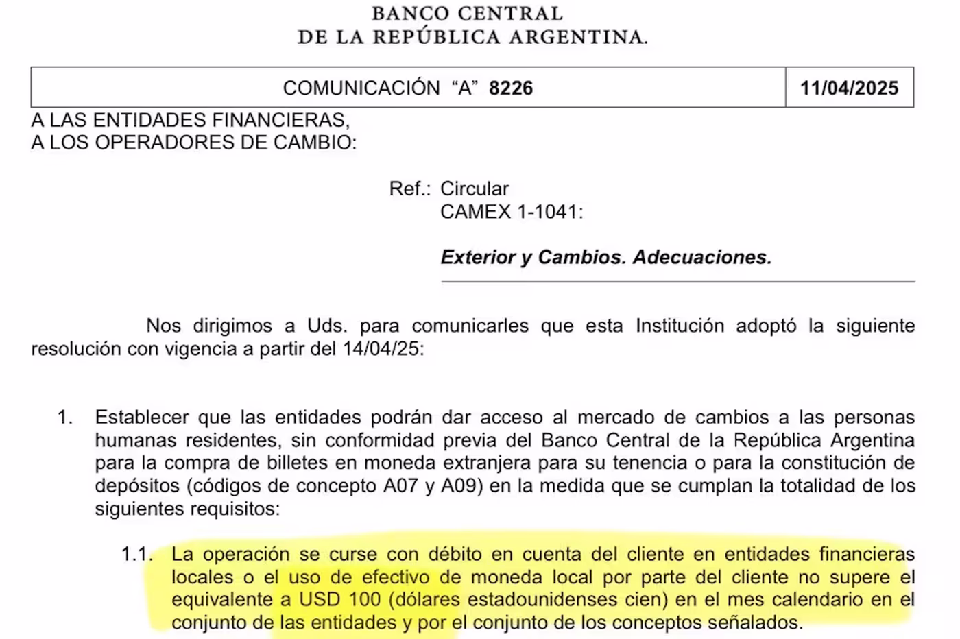 Mediante este comunicado, el Banco Central anunció el tope de 100 dólares para retirar en efectivo.