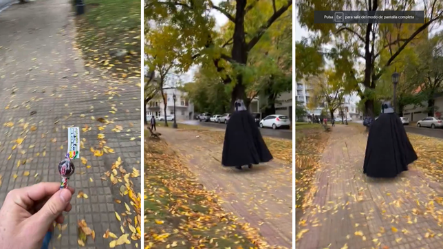 video: caminaba por la plata, se cruzo a darth vader y le dio un regalo que se volvio viral