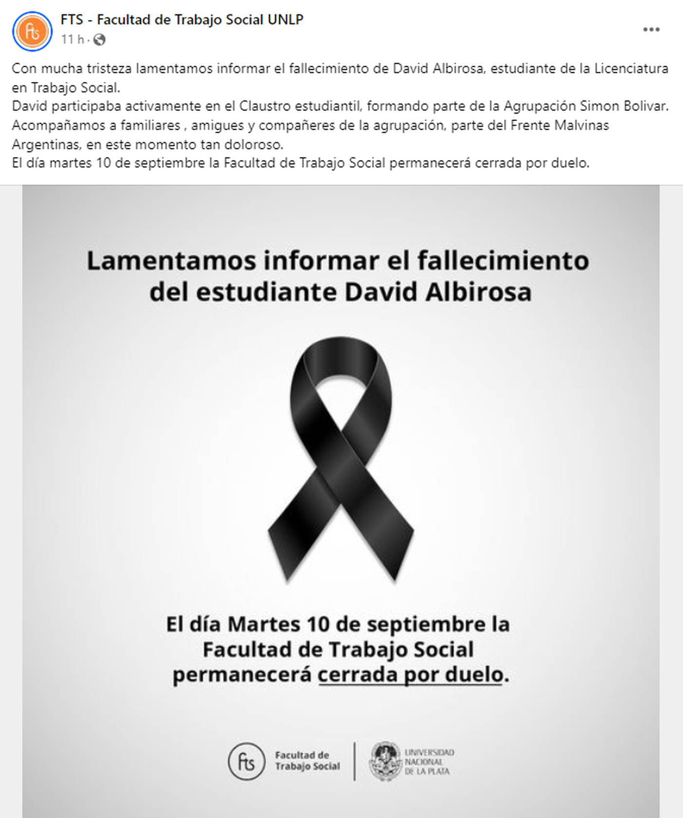 La Facultad de Trabajo Social de la UNLP cerró por duelo este martes.