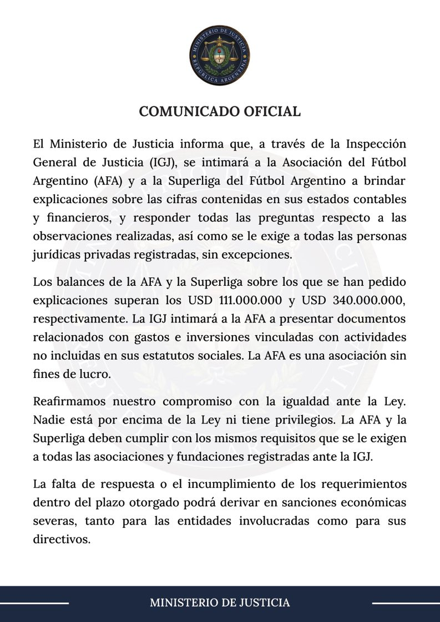 El comunicado del Ministerio de Justicia contra la AFA y la Liga Profesional.