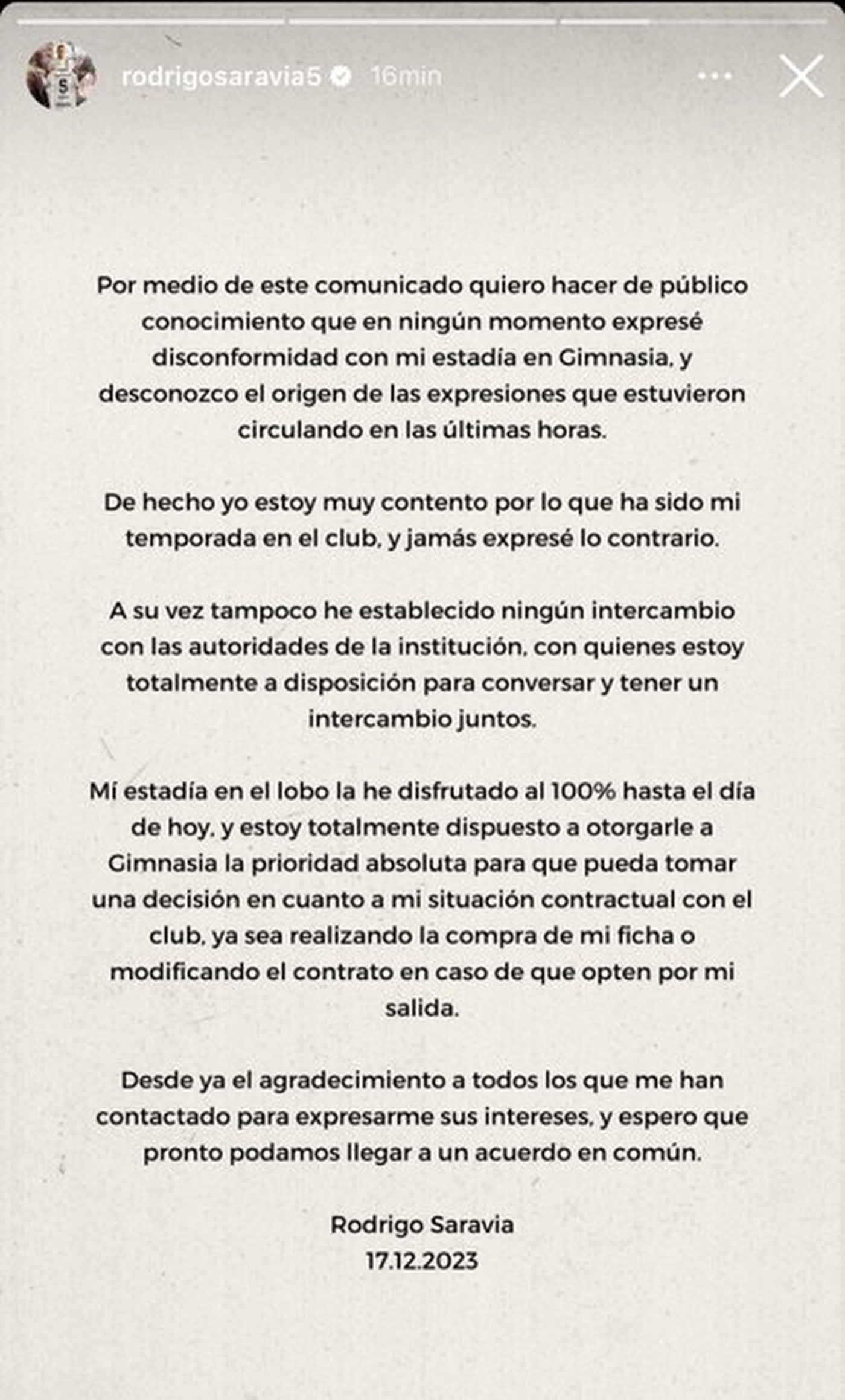 El comunicado del jugador de Gimnasia.