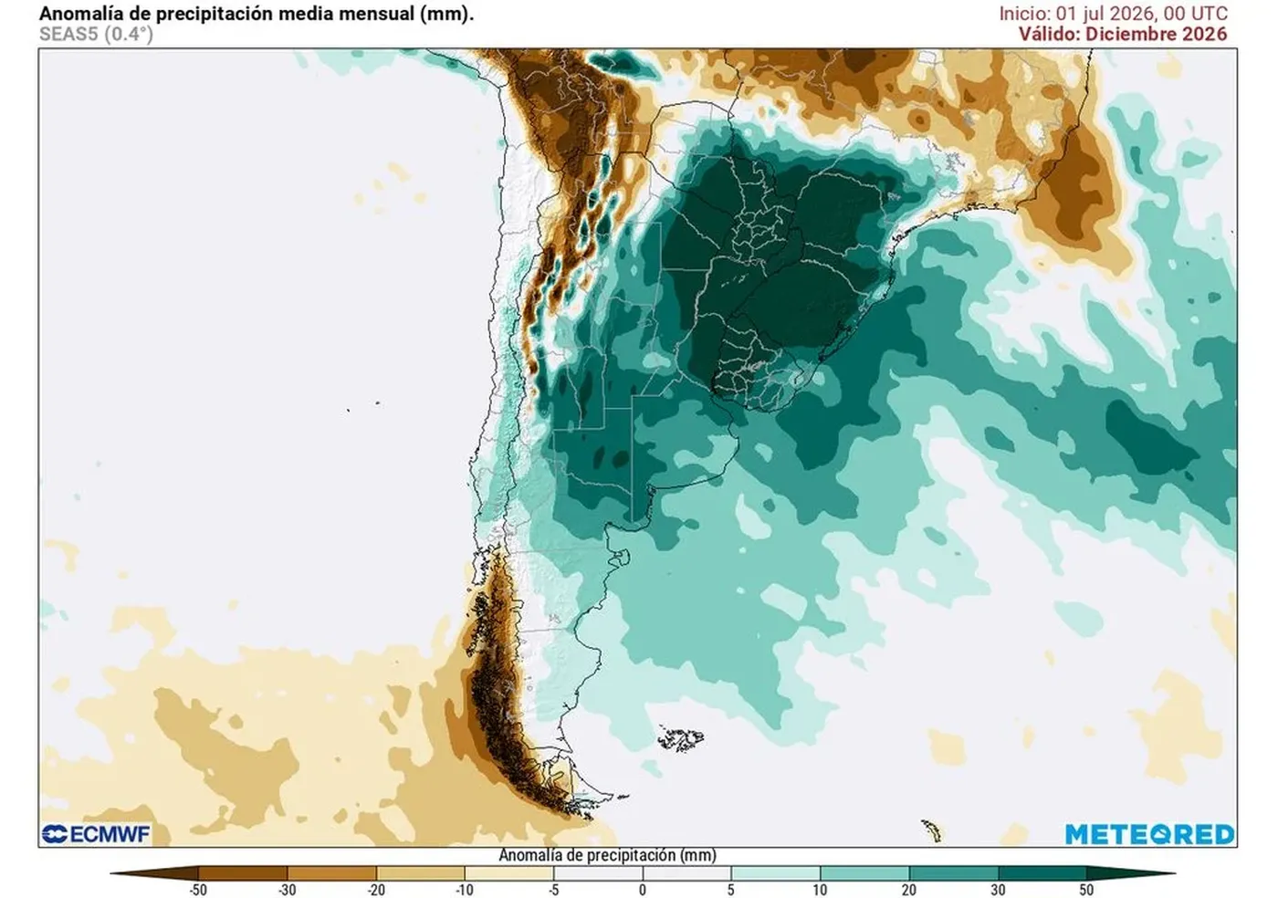 Mapa de anomalías de precipitación media mensual prevista para diciembre