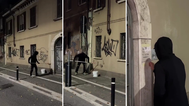 cansado de las paredes graffiteadas, un artista anonimo sale por las noches a limpiar las fachadas de las casas