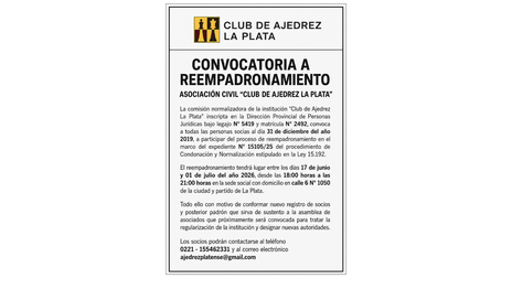 Club de Ajedrez La Plata inicia el reempadronamiento de socios para regularizar la institución
