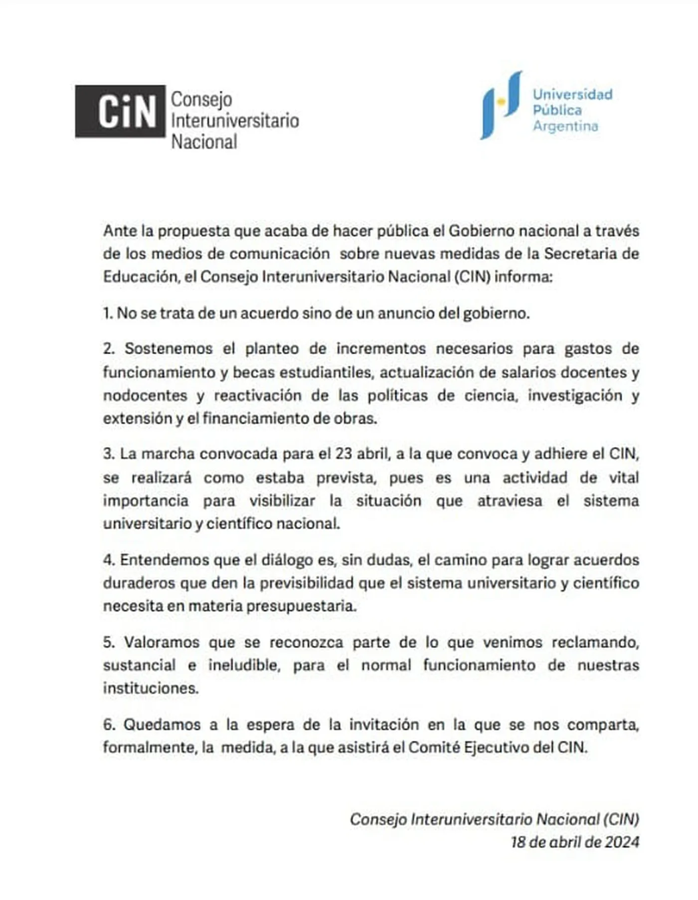 El duro comunicado que publicó el CIN tras los anuncios del Gobierno nacional.
