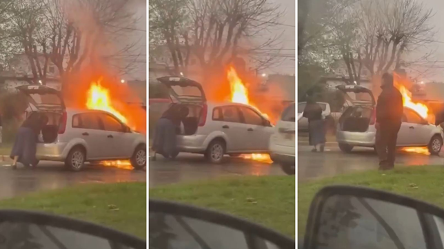 se incendio el auto de una monja mientras manejaba por las calles de la plata y todo quedo filmado