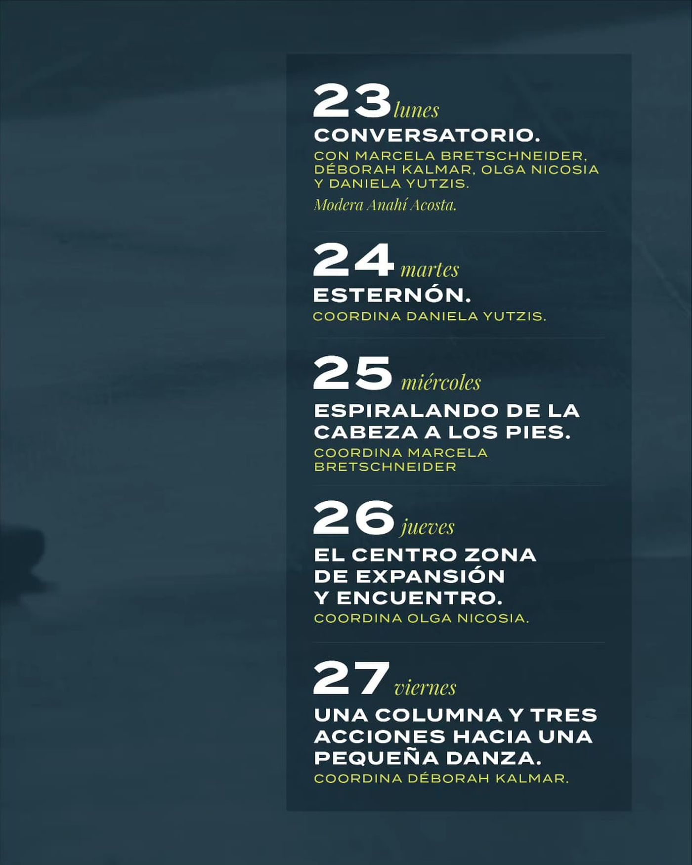 El cronograma de clases que se dictará hasta el viernes 27 de septiembre en el marco de la semana de la sensopercepción.