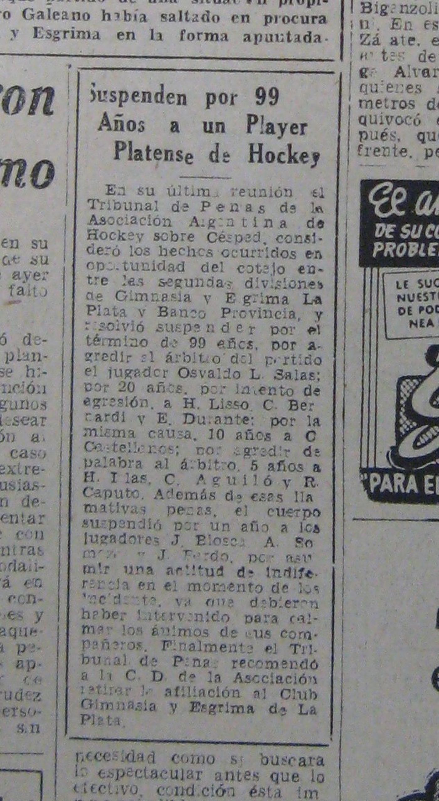 El anuncio de la suspención. Diario El Argentino de La Plata, lunes 27 de octubre de 1958.
