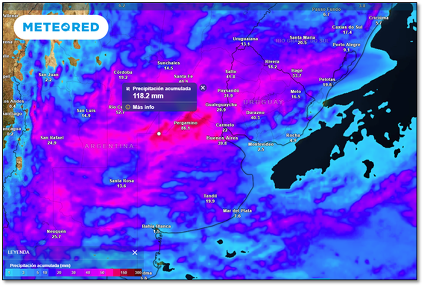 Acumulados de precipitación previstos hasta el próximo domingo a la noche, conforme al modelo de referencia ECMWF de Meteored. Acumulados de precipitación previstos hasta el próximo domingo a la noche, conforme al modelo de referencia ECMWF de Meteored.