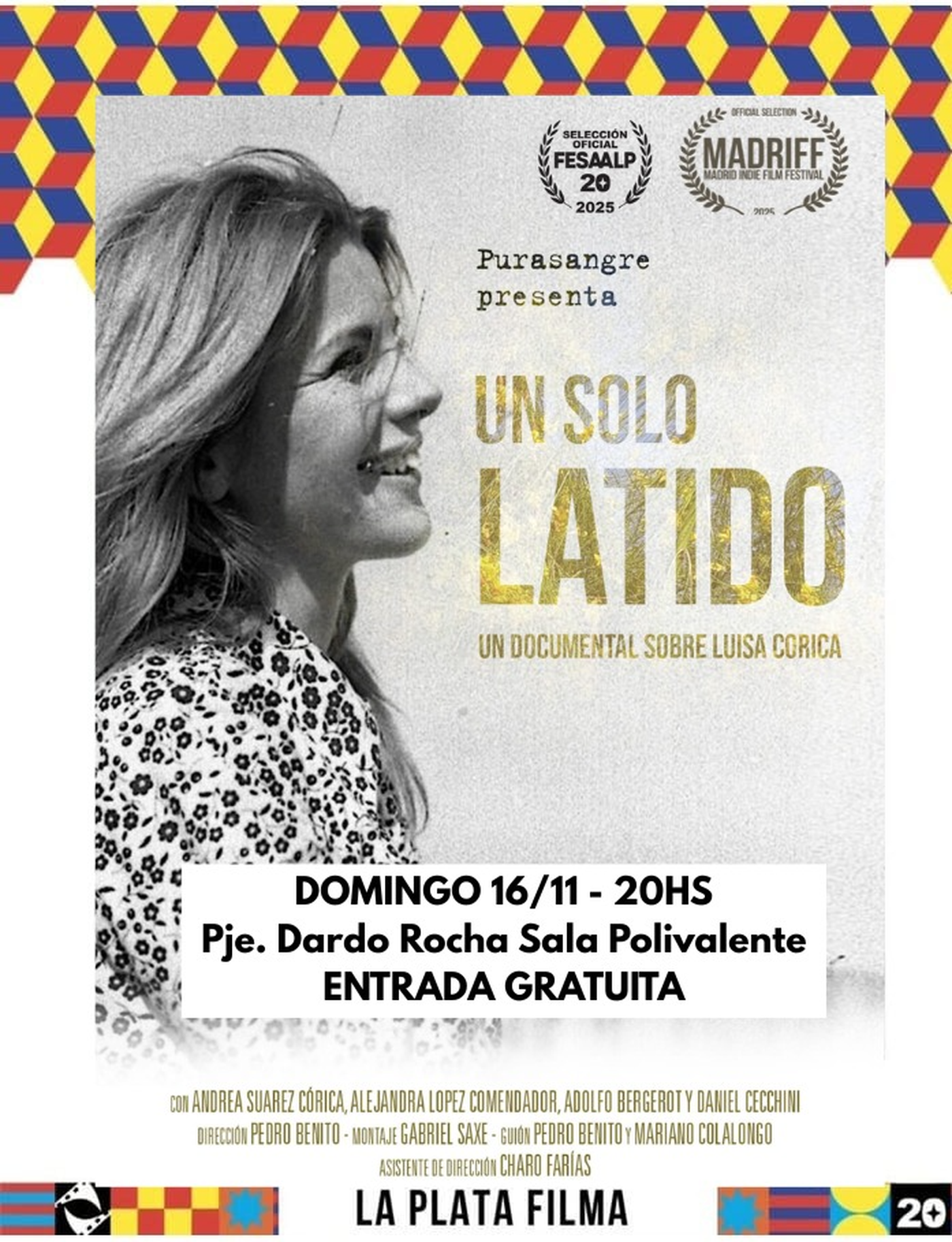 La invitaci&oacute;n para ver el documental de Luisa C&oacute;rica en el Pasaje Dardo Rocha de La Plata