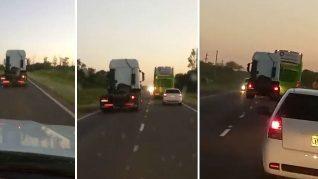 VIDEO: Un camionero quiso pasar a un micro en la Ruta 11 y casi provoca una tragedia