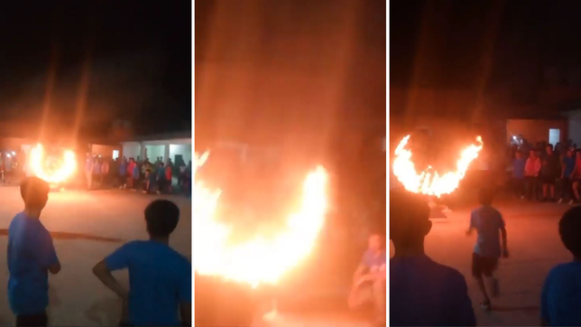 una escuela hizo un acto con aro de fuego y un nene termino quemado