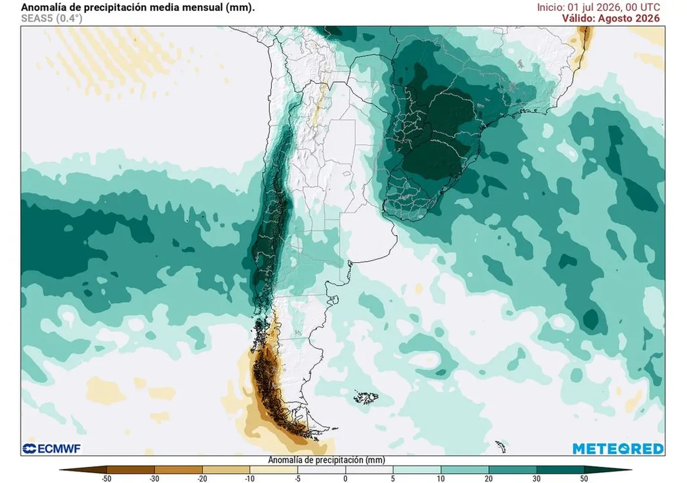Mapa de anomalías de precipitación media mensual prevista para agosto