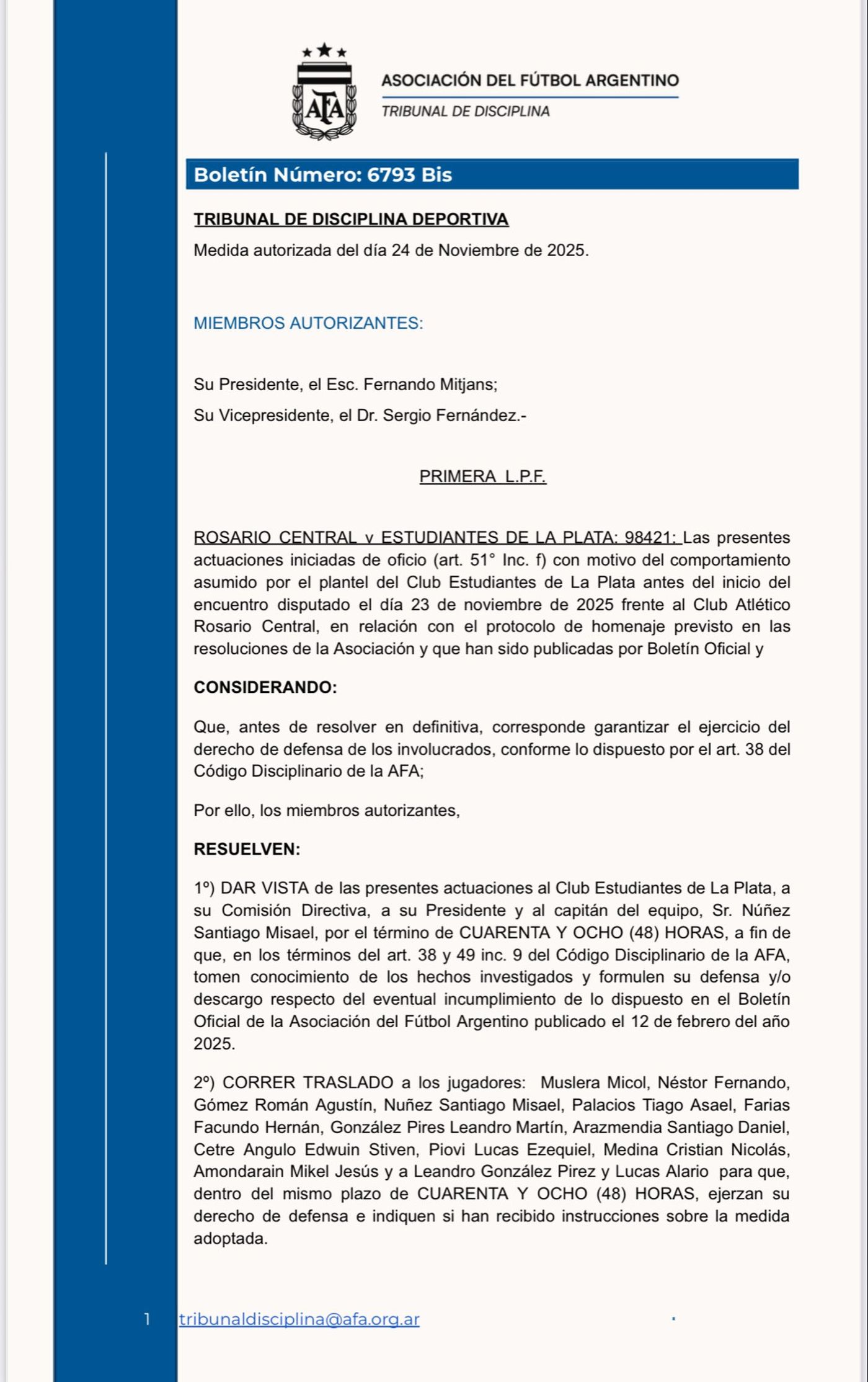La resoluci&oacute;n de la AFA tras el pasillo de espaldas que realizaron los jugadores de Estudiantes