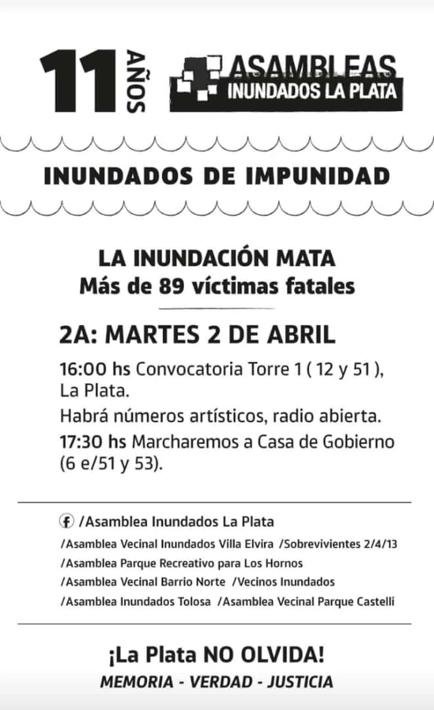 La invitación de la Asamblea de Inundados de La Plata para la jornada de movilización de este martes 2 de abril en las calles de la ciudad.