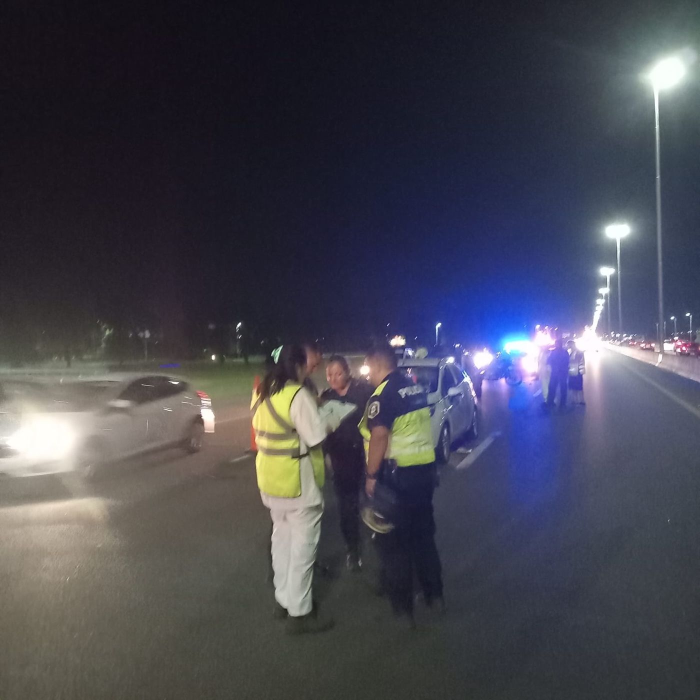 Personal policial y de Seguridad Vial trabajando en la Autopista La Plata-Buenos Aires