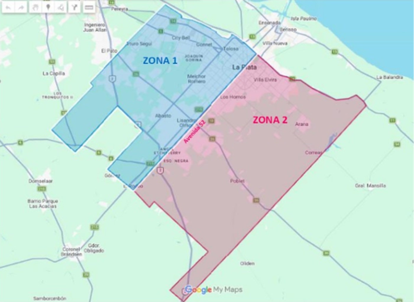 Las dos zonas en las que dividió el partido de La Plata la gestión de Julio Alak para realizar las obras.