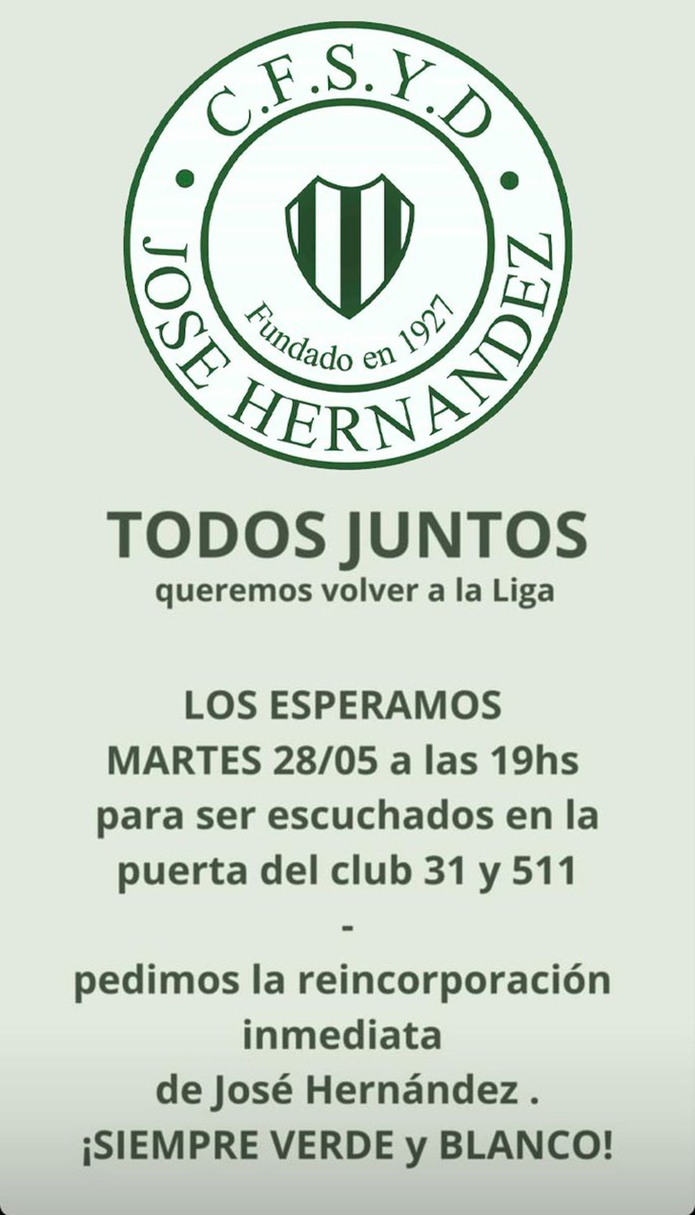 El flyer difundido por los socios del Club José Hernández, que reclaman la reincorporación a la Liga Costera del Río de la Plata