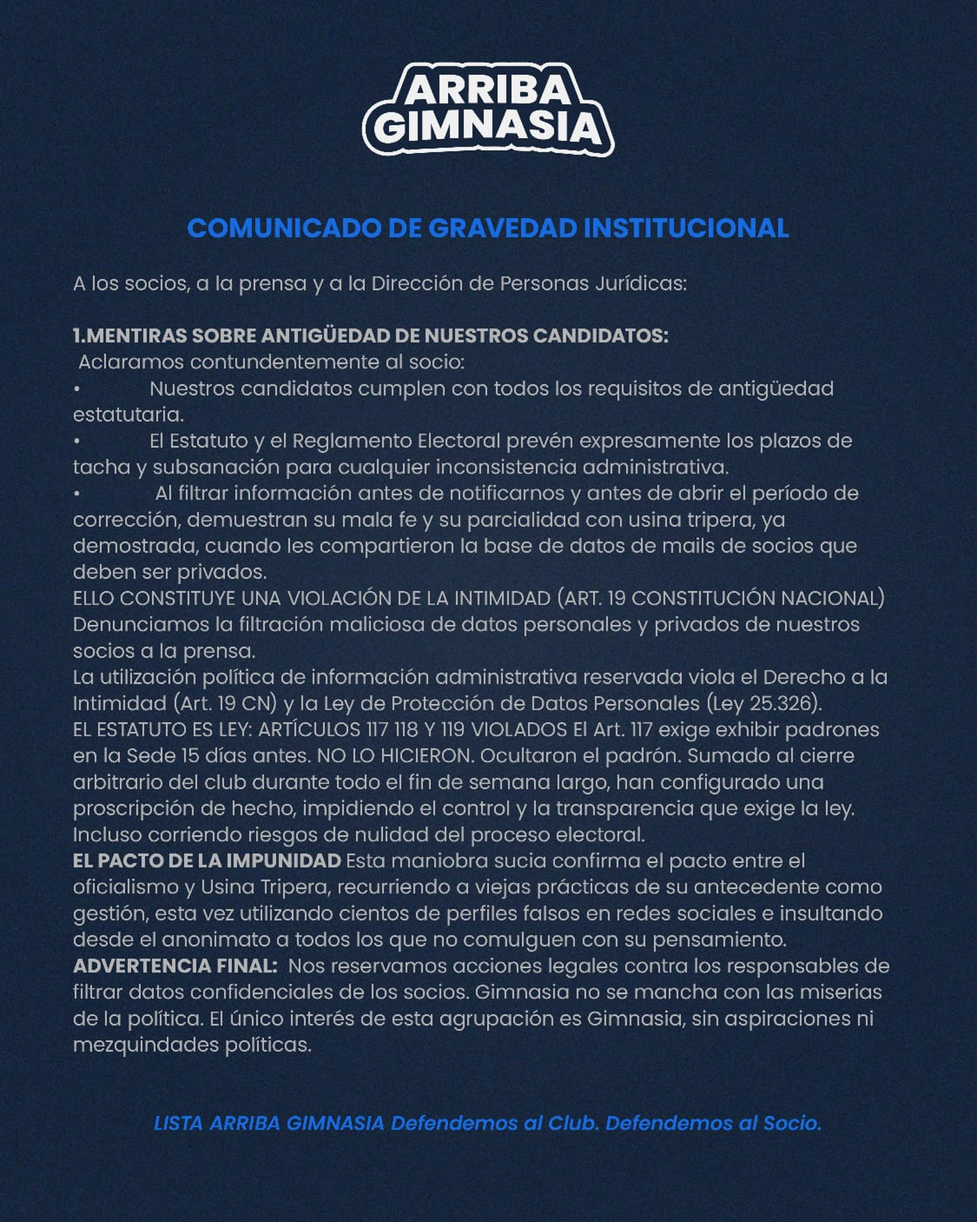 Arriba Gimnasia denunció filtraciones y pacto político de cara a las Elecciones en Gimnasia.