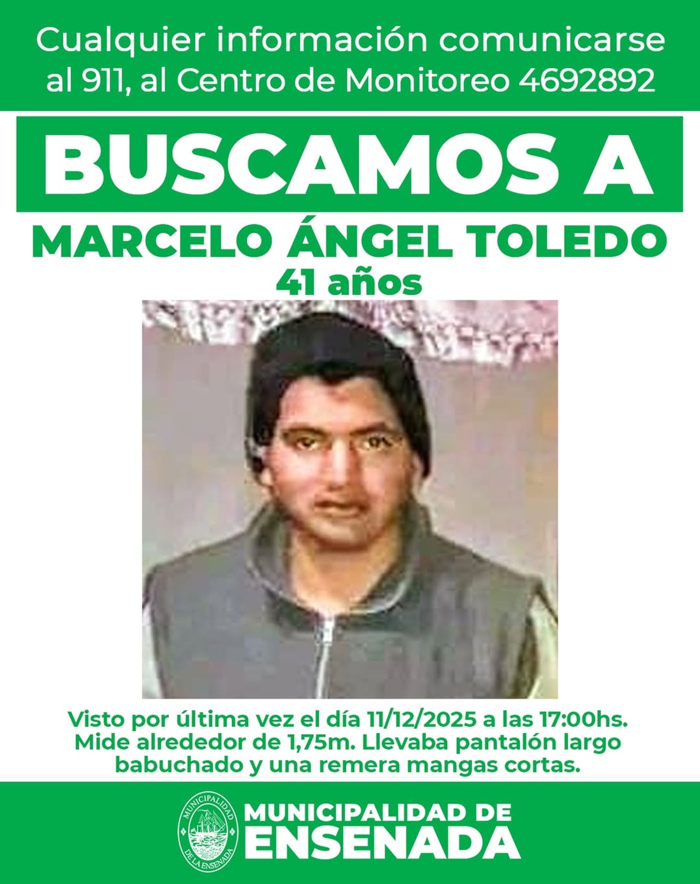La Municipalidad de Ensenada dio aviso a toda la comunidad para pedir colaboración a quien pueda aportar datos del hombre desaparecido