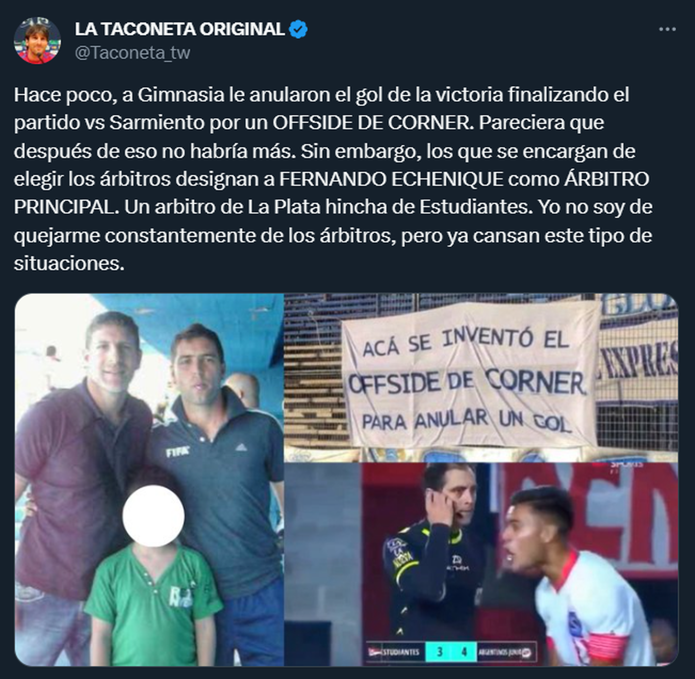 El tuit que muestra dos imágenes en la que aparece el árbitro de Estudiantes - Gimnasia