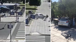 la secuencia completa que muestra como un automovilista se subio a plaza moreno y choco contra el pulpito antes de morir