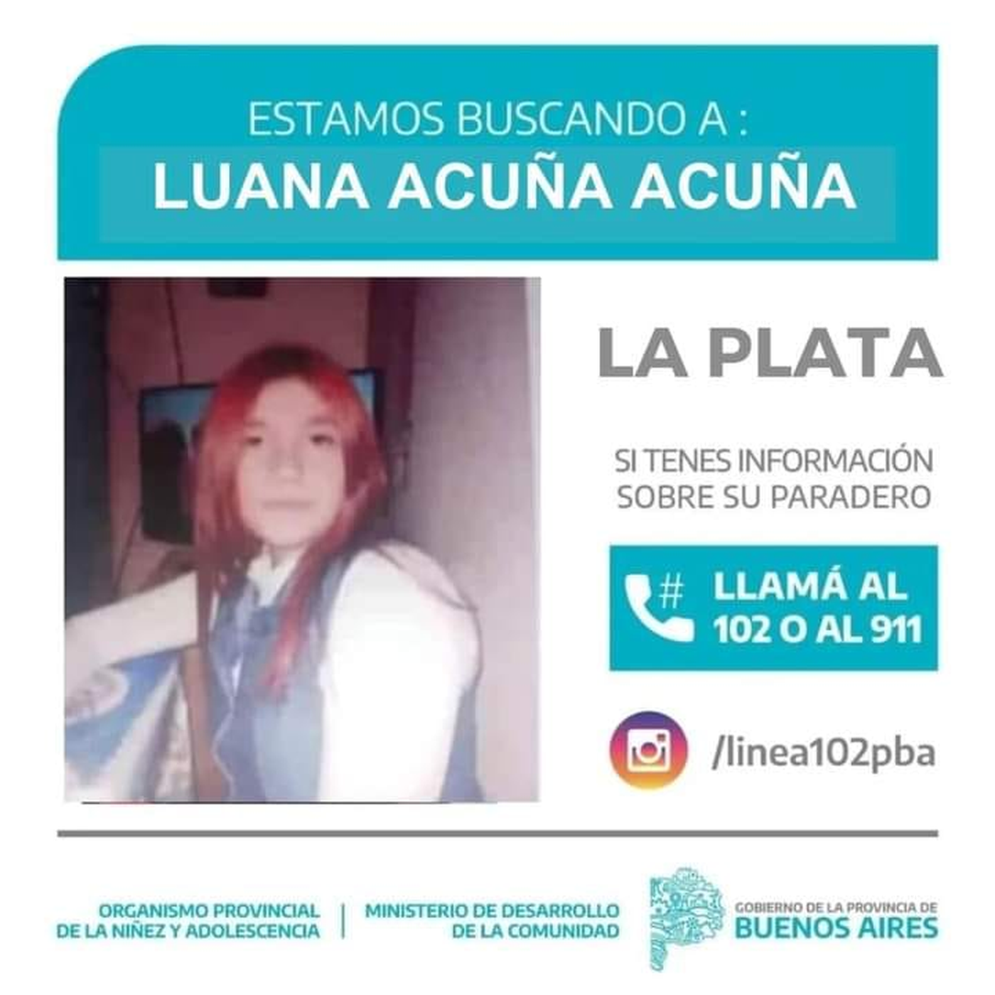 Luana Acuña vive en La Plata y está desaparecida hace una semana