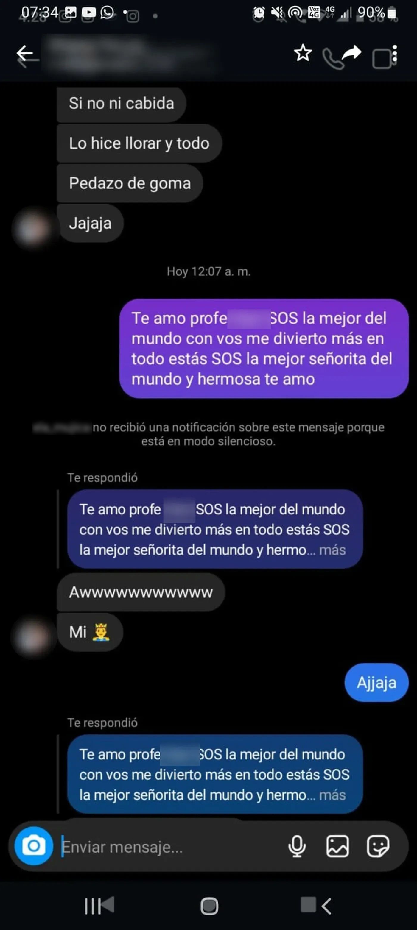 La captura de una de las conversaciones de la docente acusada por grooming y uno de sus alumnos.