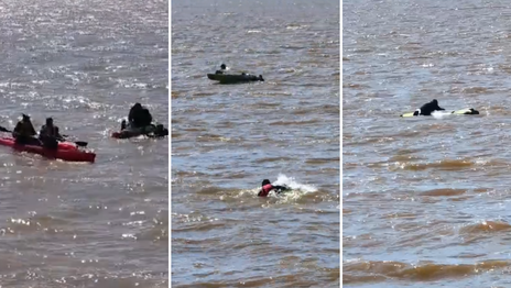 Rescate de película de un hombre al que se le dio vuelta el kayak en Punta Lara