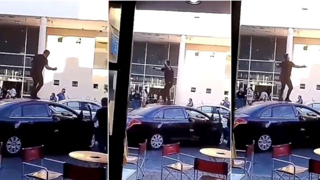video: un hombre cruzo el auto en la puerta de la terminal y bailo encima del techo