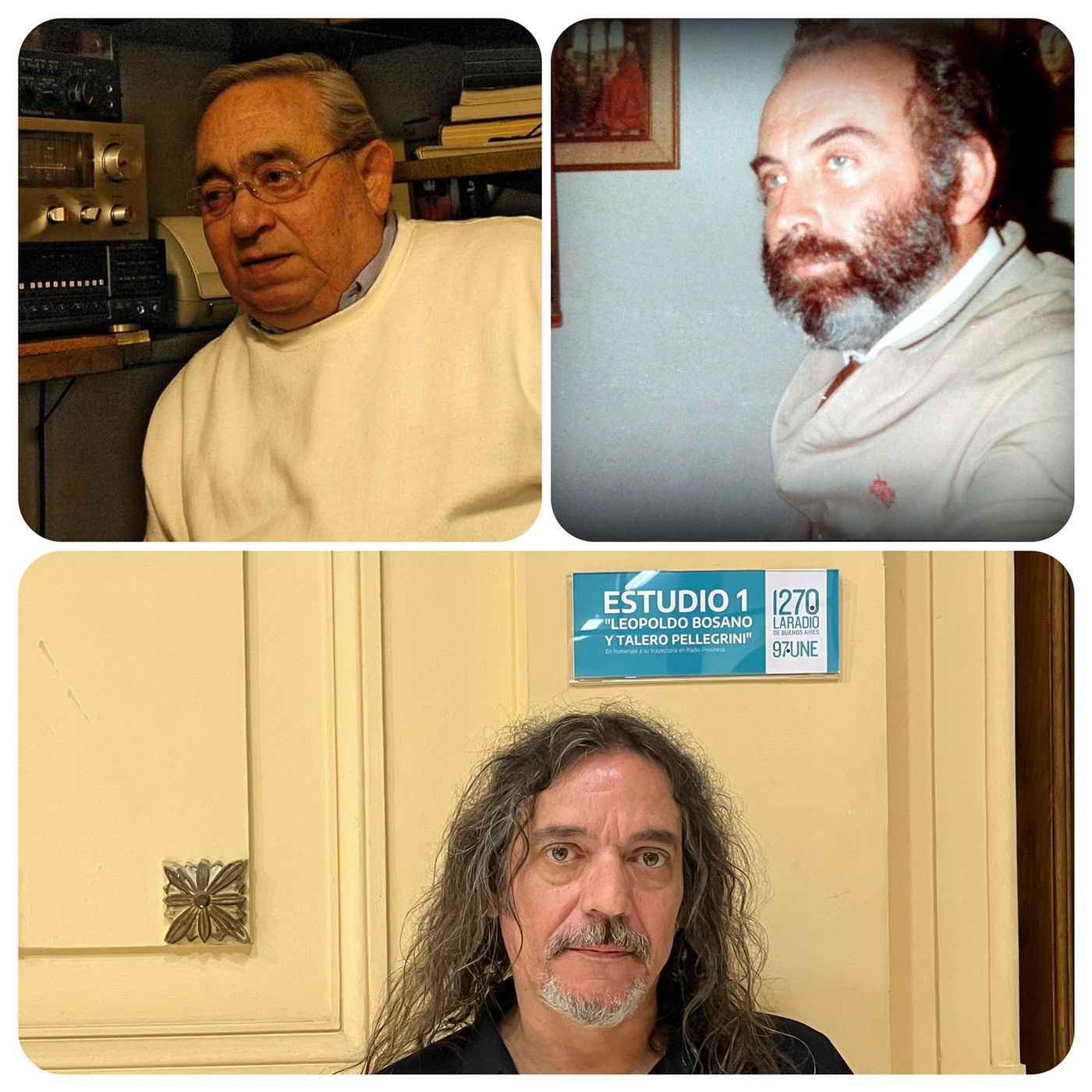 Talero, Leopoldo Bossano y su hijo Horacio, en el homenaje en un estudio de Radio Provincia. 