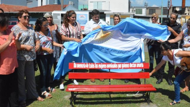 en berisso, mujeres de la ciudad junto al intendente presentaron un nuevo banco rojo