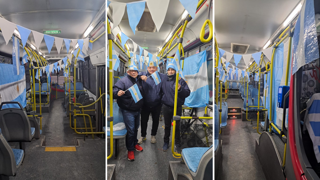 con banderas y camisetas, un colectivero decoro su micro para alentar a la seleccion argentina y es furor en la plata