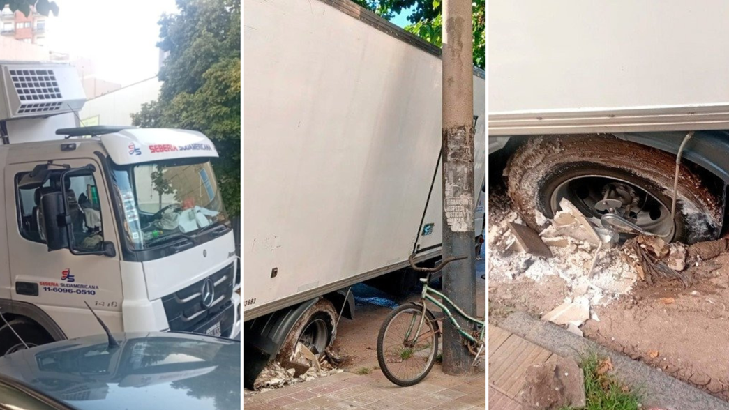 Un arreglo en el asfalto de Diagonal 80 no aguantó y un camión quedó atrapado