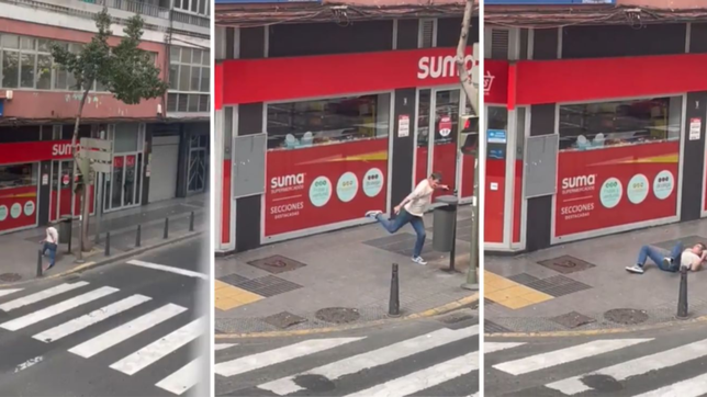 video: un hombre se agarro a trompadas con un tacho de basura... y perdio