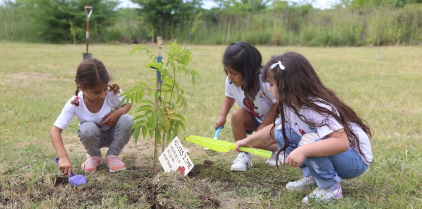 Niños plantan árboles en el Parque Ecológico