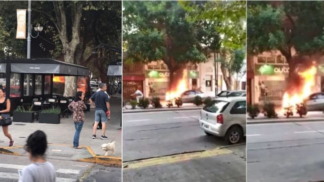 video: un auto se prendio fuego y causo panico a metros de plaza paso