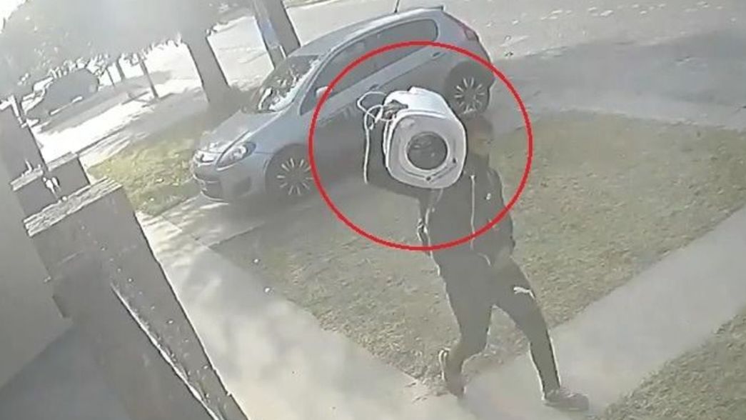 VIDEO: Entró a una casa de La Plata, robó un secarropas y se lo llevó al hombro