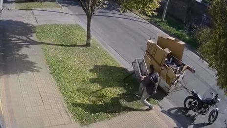 VIDEO: En segundos y a los tirones, un cartonero se llevó el canasto de basura de una casa
