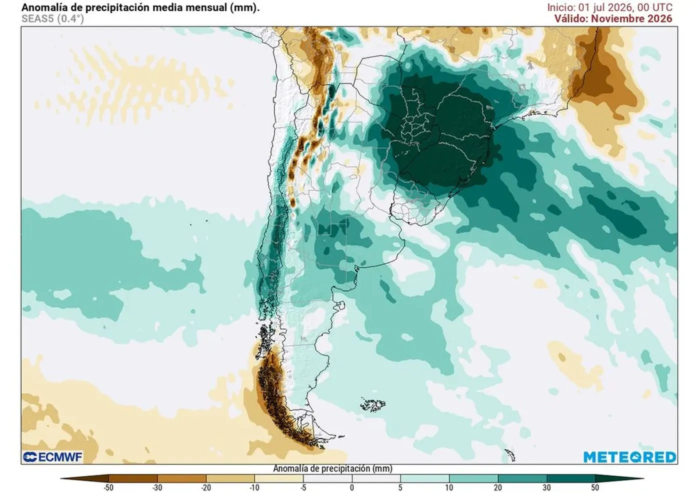 Mapa de anomalías de precipitación media mensual prevista para noviembre