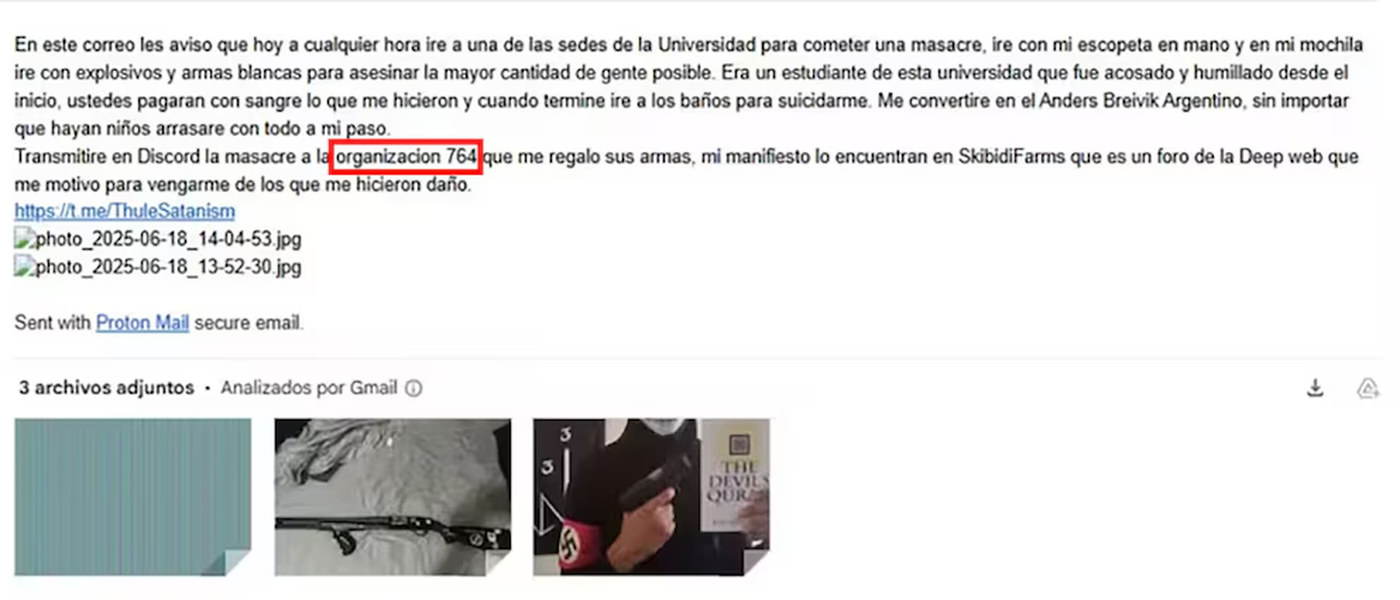El mail que llegó a la UNTREF hace dos semanas.