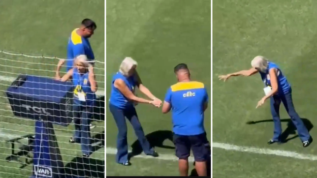 el momento en el que rosario central tira agua bendita en el var y el campo de juego