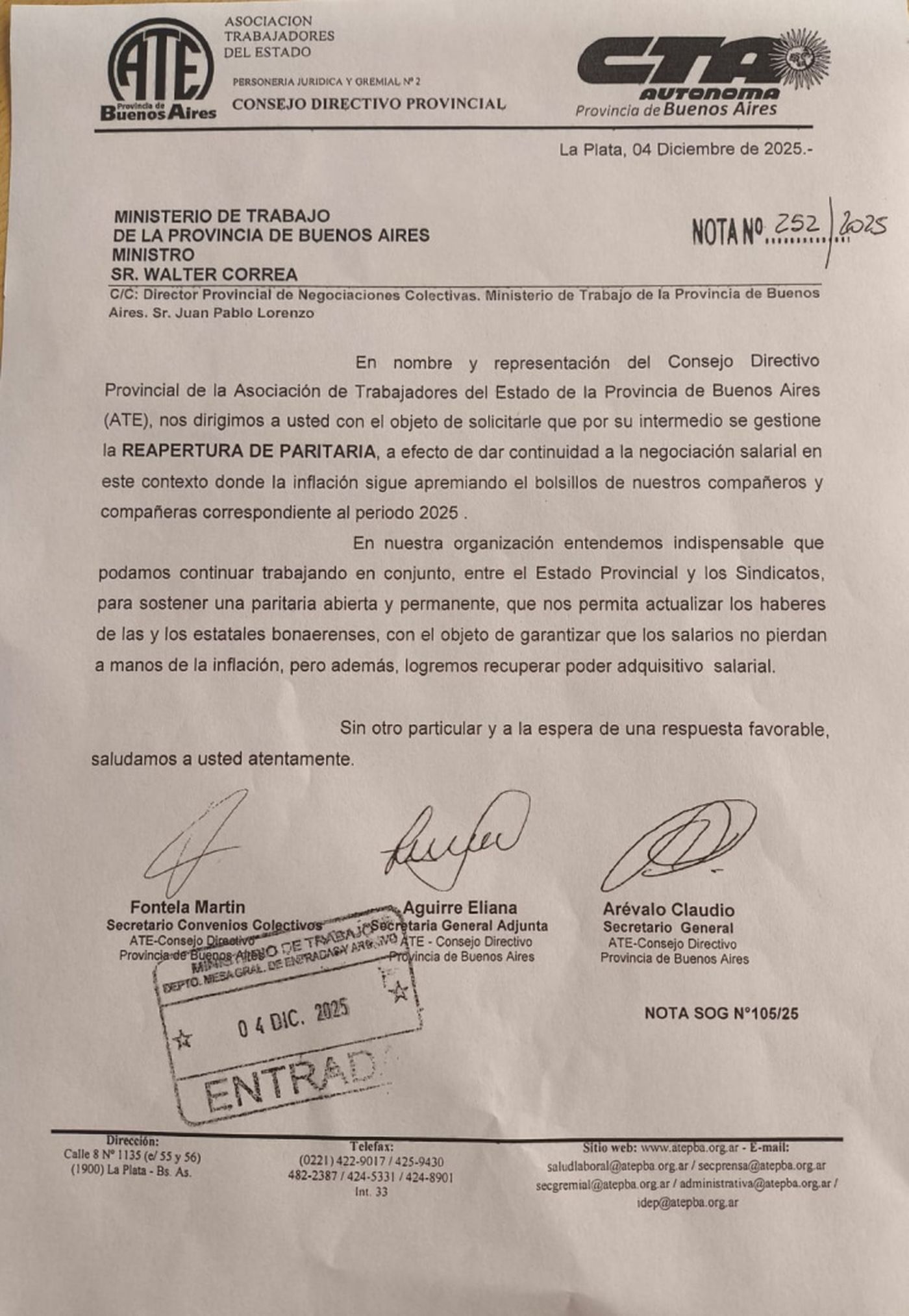 El comunicado de ATE y el pedido al Ministerio de Trabajo para la reapertura de paritarias El comunicado de ATE y el pedido al Ministerio de Trabajo para la reapertura de paritarias
