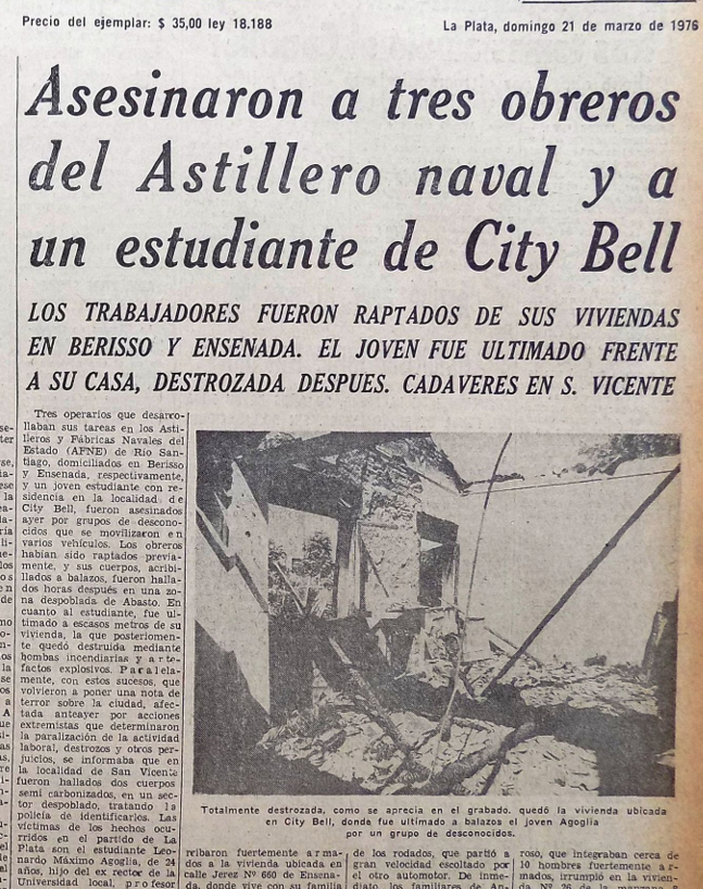 Los asesinatos de los tres obreros y del hijo del ex presidente de la UNLP, Rodolfo Agoglia, apareció en la tapa del diario El Día