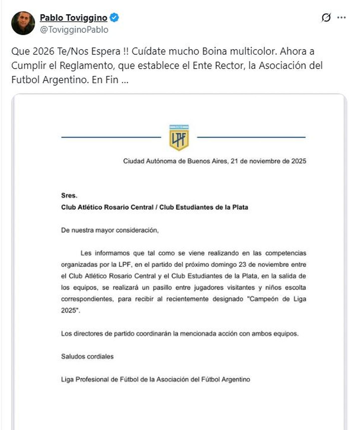 El comunicado de la AFA diciendo que Estudiantes le debe hacer el pasillo a Rosario Central.