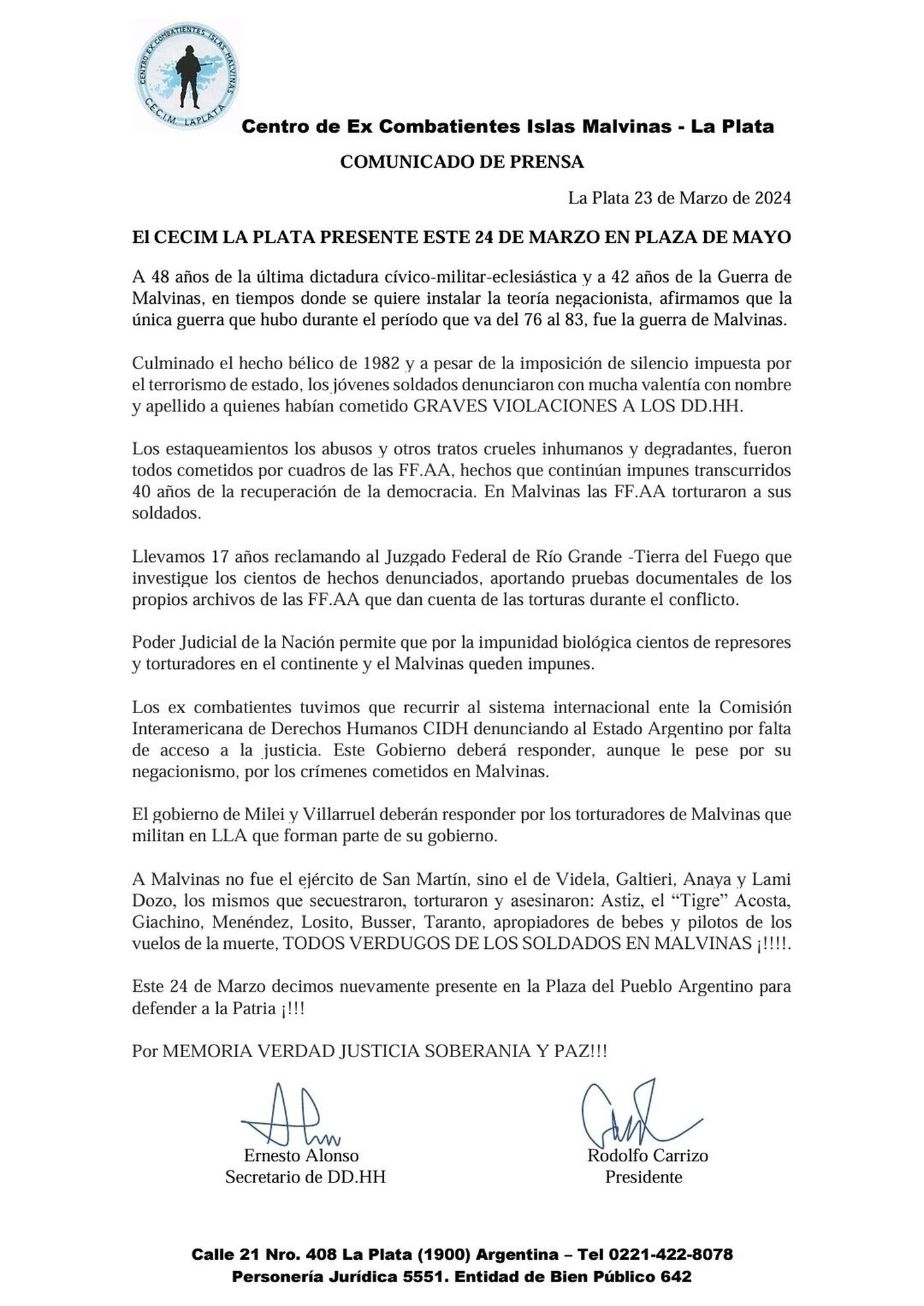El comunicado de los Excombatientes de La Plata.