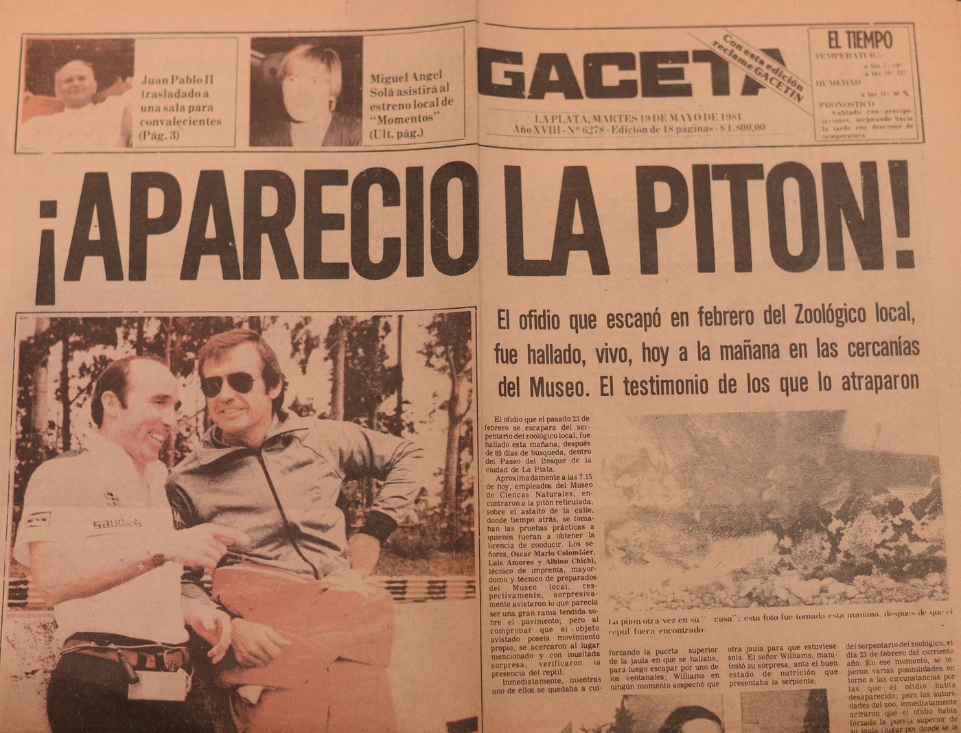 La tapa del diario Gaceta el día después de la aparición de la pitón. Jorge todavía conserva un ejemplar.