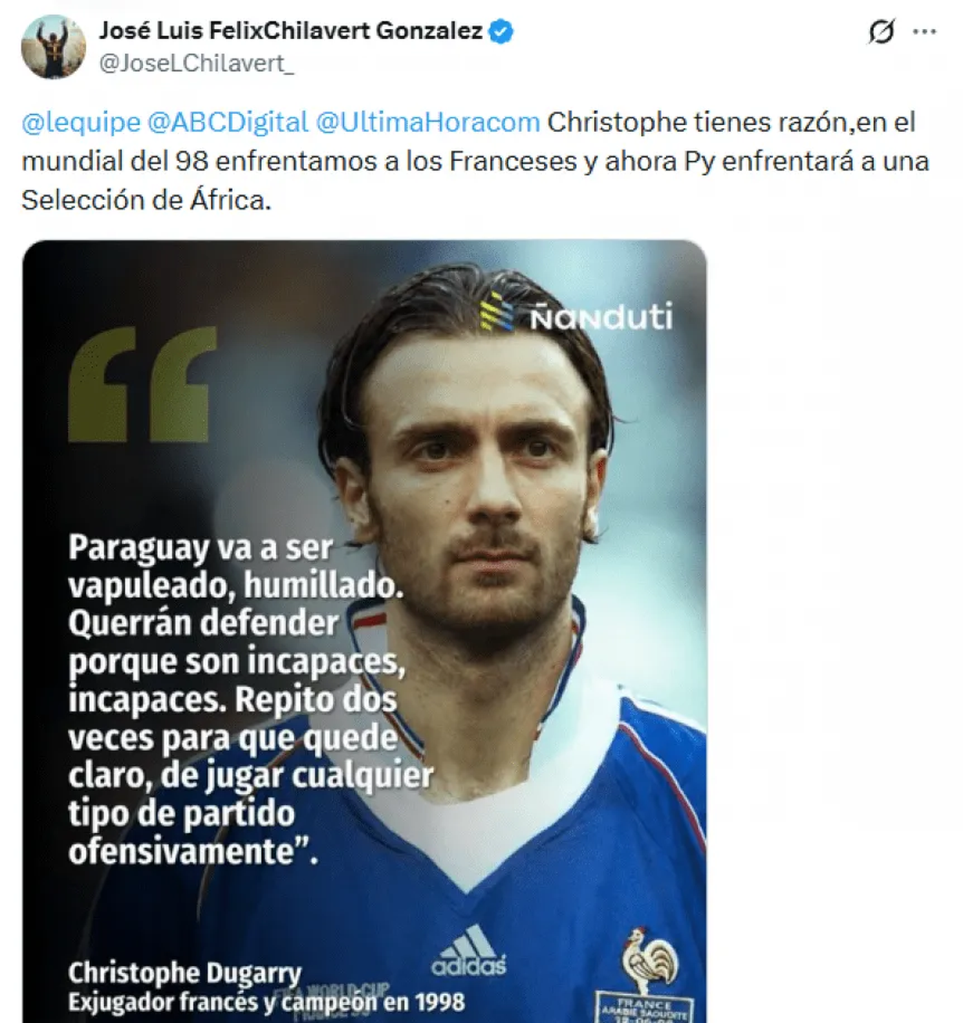 Chilavert y un tuit racista en la previa al partido del Mundial 2026.