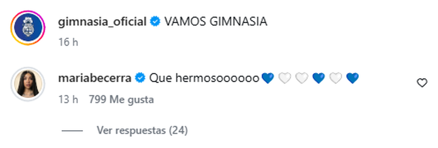 El comentario de María Becerra en las redes de Gimnasia