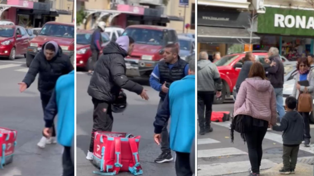video: un taxista y un repartidor terminaron a las pinas en el centro de la plata